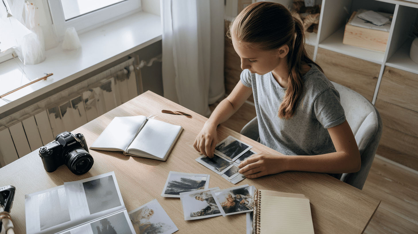 Student przygotowujący teczkę na studia fotograficzne, wybierający odbitki zdjęć przy biurku z aparatem.