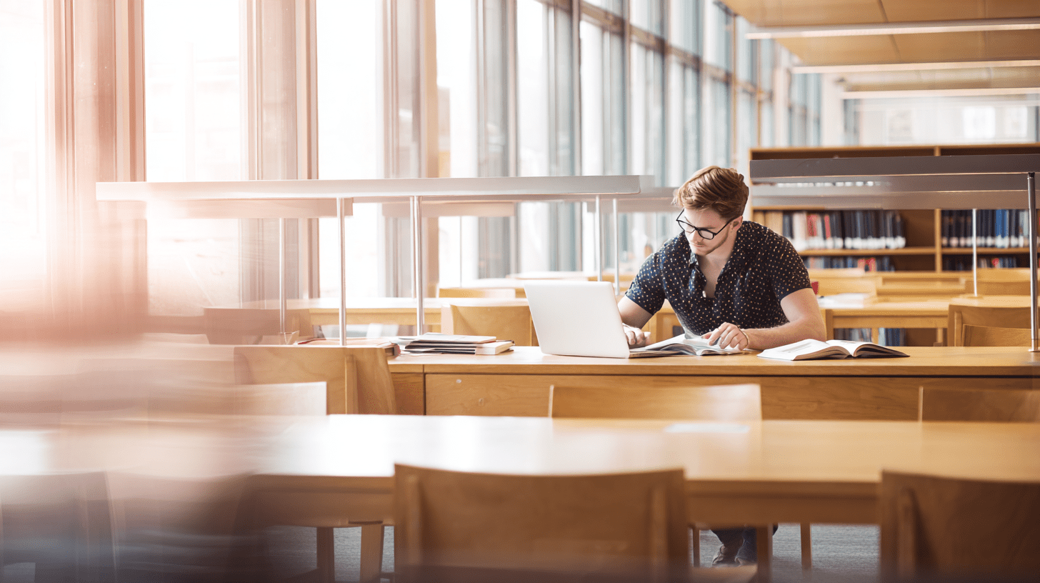 Skupiona studentka podczas nauki w nowoczesnej bibliotece uniwersyteckiej, przygotowująca się do zajęć na studiach licencjackich.