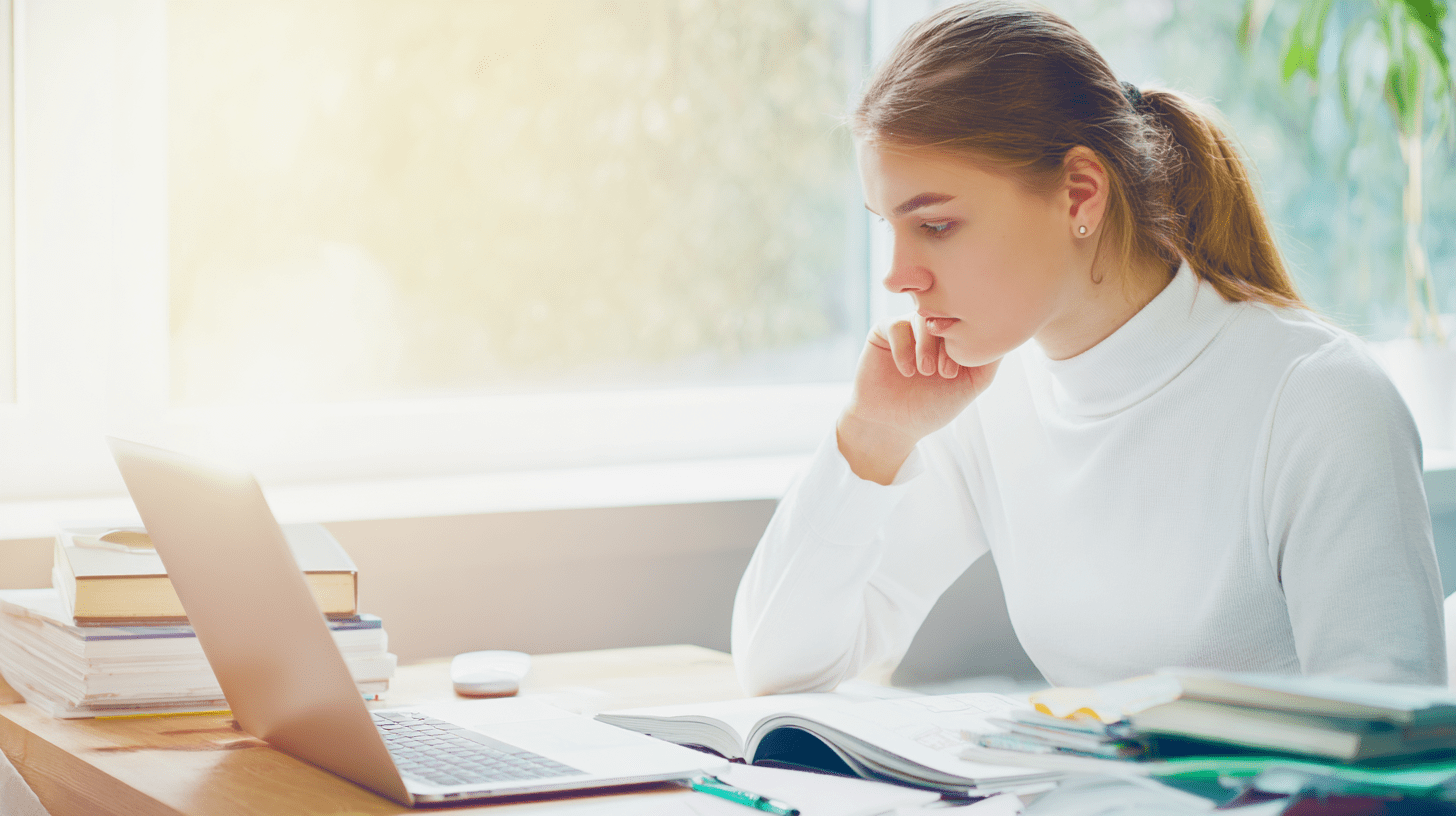 Studentka przy biurku sprawdzająca na laptopie informacje o rekrutacji na studia od marca 2023.