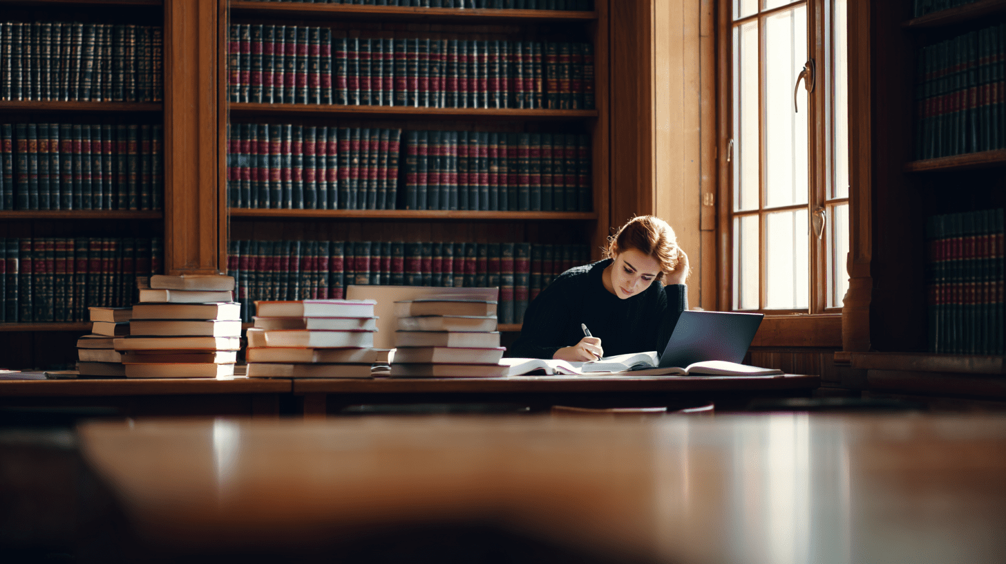 Skupiona studentka przeglądająca grube kodeksy i notatki w bibliotece podczas nauki na studiach prawniczych.