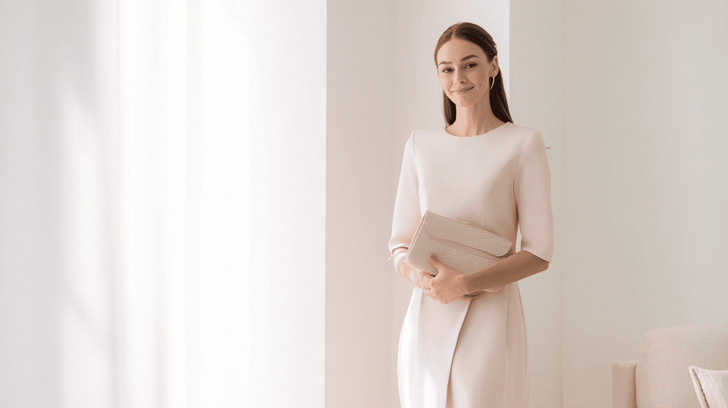 Elegancka kobieta w pastelowej sukience midi idealnej jako sukienka dla matki chrzestnej