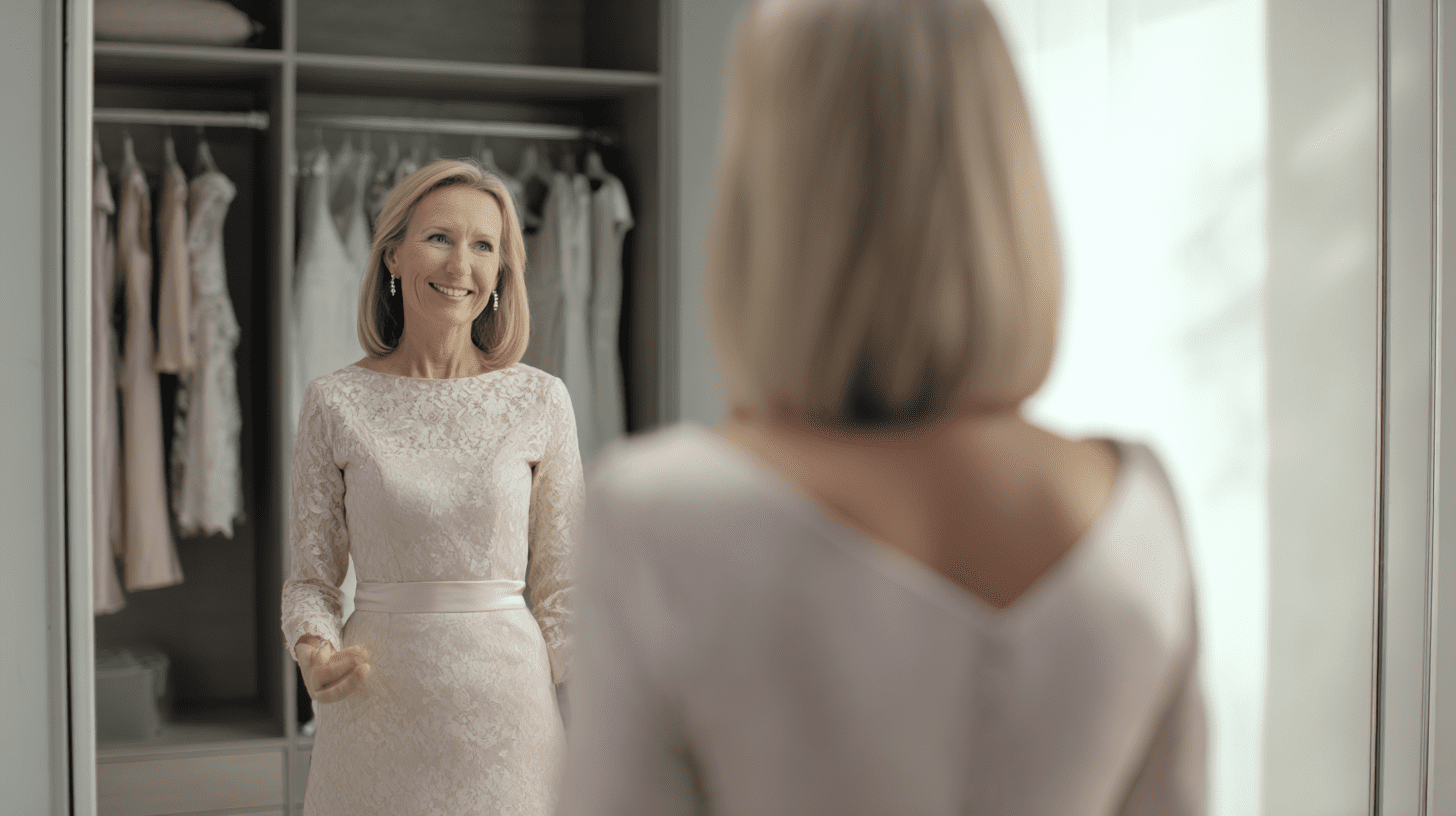 Elegancka 50-latka w stylowej sukience do ślubu cywilnego przegląda się w lustrze.