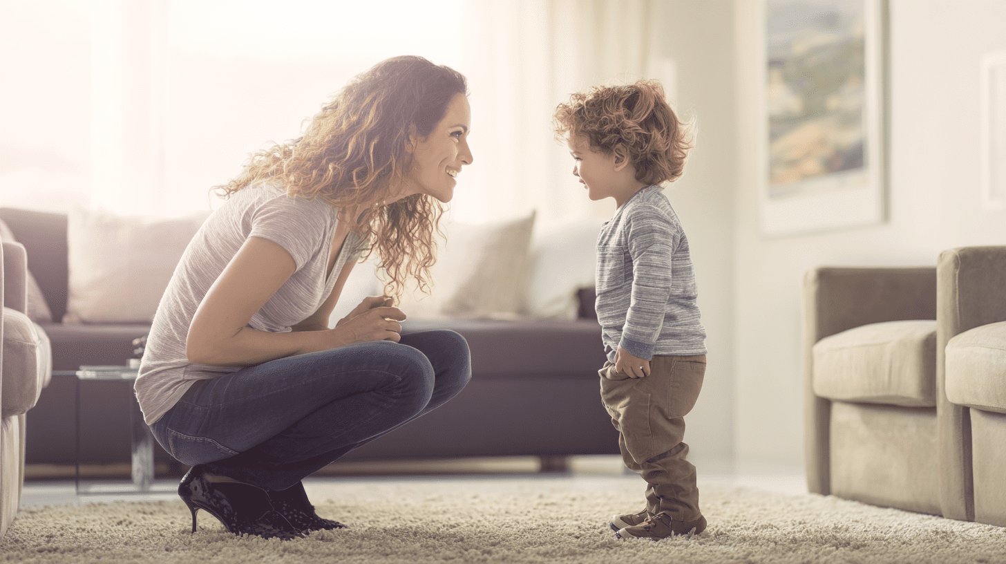 Uśmiechnięta mama kuca przy dziecku i spokojnie z nim rozmawia, co ilustruje świadome rodzicielstwo oparte na szacunku i bliskości.