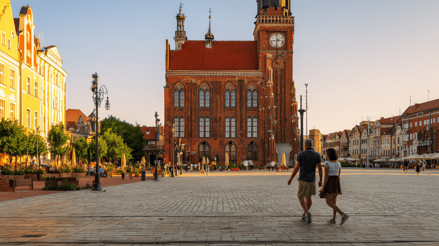 Para turystów spacerująca po Rynku Staromiejskim w Toruniu, w tle gotycki Ratusz będący jedną z głównych atrakcji miasta.