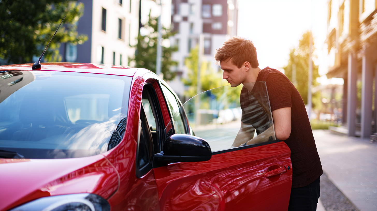 Kierowca oglądający mały samochód miejski przed zakupem, nawiązując do tematu Toyota Aygo opinie i wady.