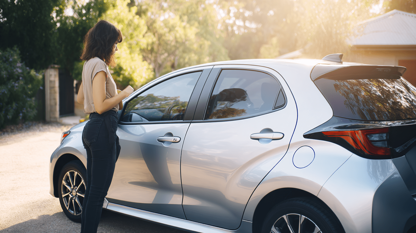 Kierowca oglądający używaną Toyotę Yaris przed zakupem, analizujący ceny i stan techniczny miejskiego samochodu.