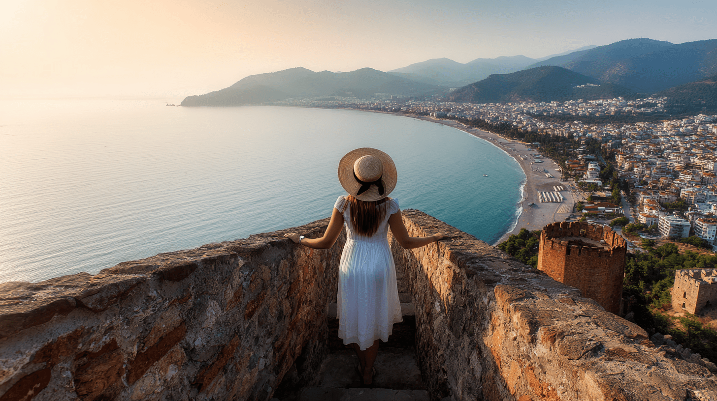 Turystka podziwiająca panoramę wybrzeża i miasto Turcja Alanya ze wzgórza zamkowego w słoneczny dzień.