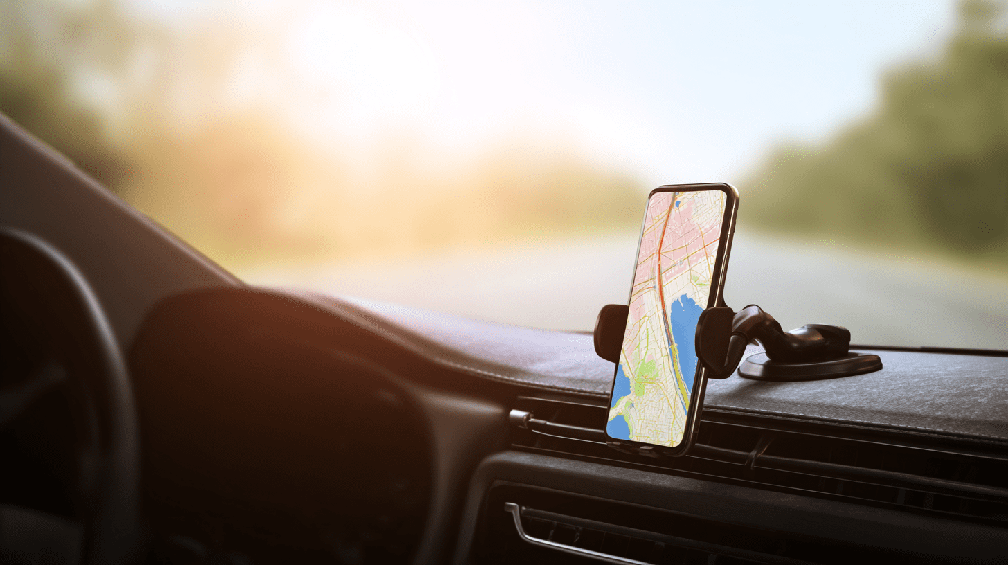 Smartfon z włączoną nawigacją zamontowany w bezpiecznym uchwycie do telefonu na desce rozdzielczej samochodu.