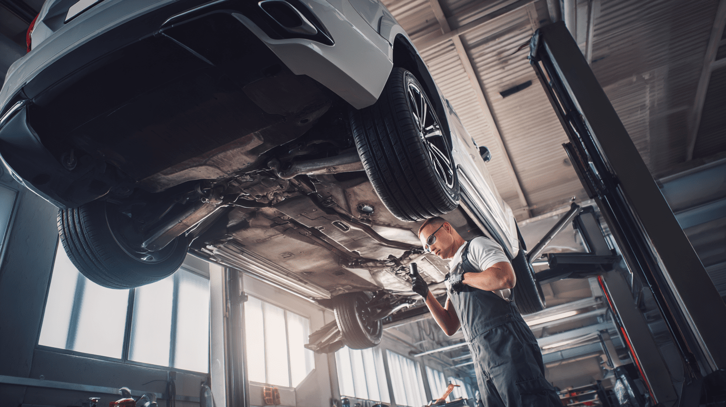 Mechanik sprawdzający stan automatycznej skrzyni biegów Geartronic w samochodzie Volvo na podnośniku warsztatowym