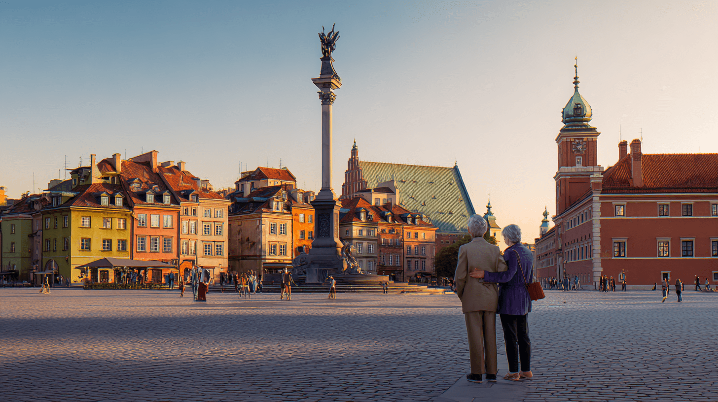 Para turystów zwiedzająca atrakcje Warszawy na Placu Zamkowym z widokiem na Zamek Królewski w słoneczny dzień.