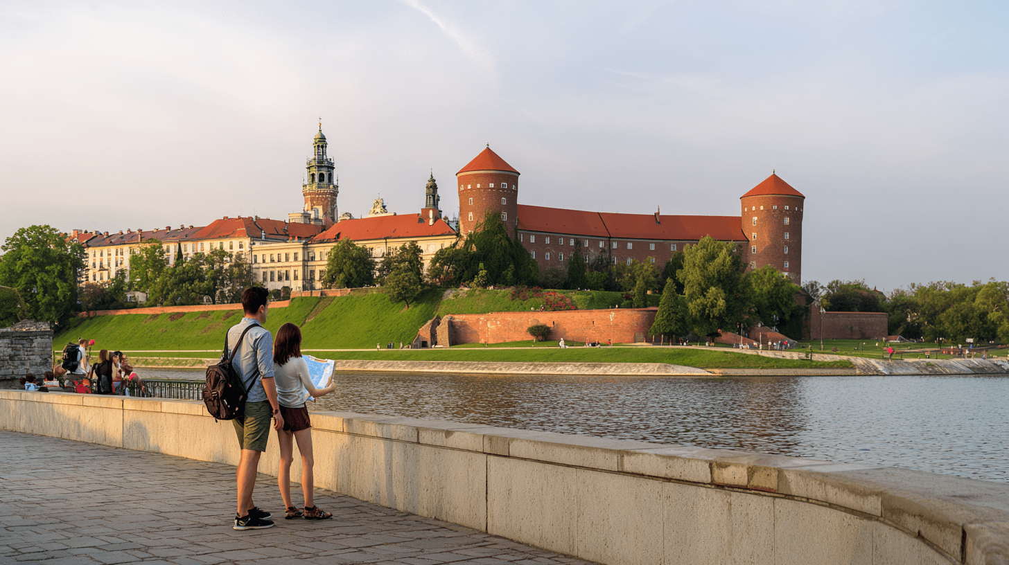 Para turystów z mapą planująca zwiedzanie Wawelu na tle panoramy Zamku Królewskiego w Krakowie.