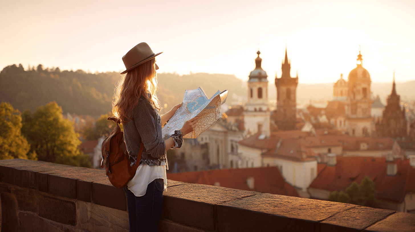Turystka z mapą i przewodnikiem na tle panoramy miasta planuje trasę wycieczki objazdowej.