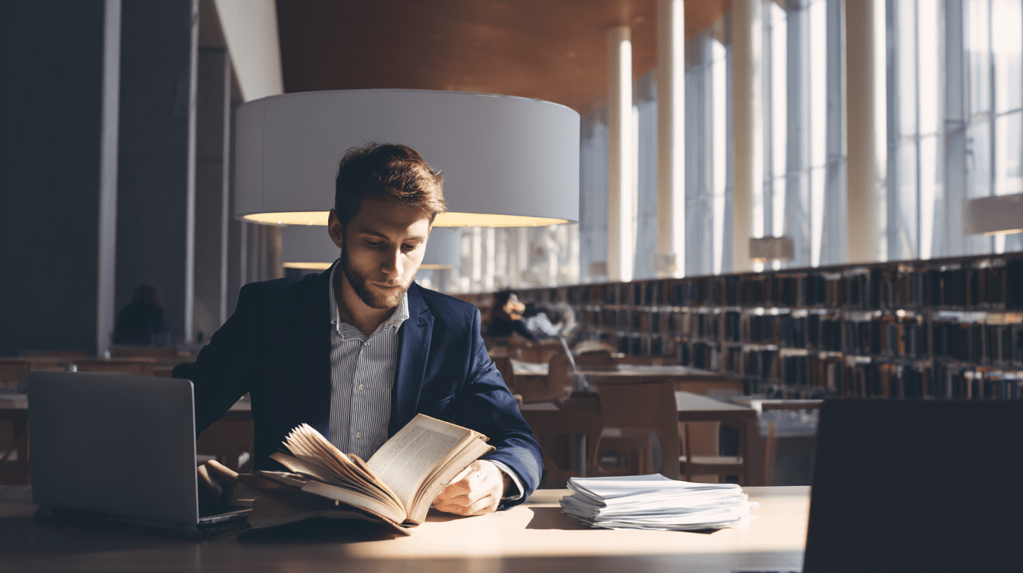 Student przeglądający kodeksy i notatki w bibliotece na wydziale prawa i administracji.