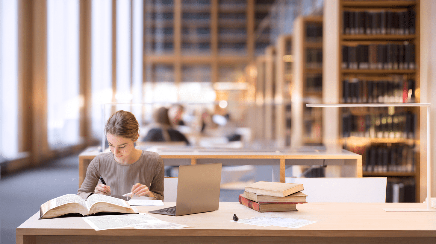 Student przeglądający podręczniki w bibliotece, ilustrujący naukę na Wydziale Prawa UwB i przygotowanie do zajęć.