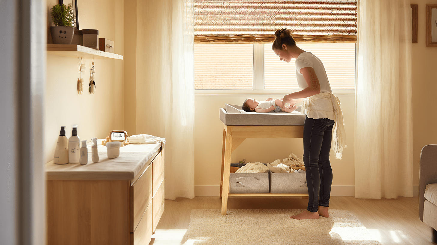 Mama kompletująca wyprawkę apteczną dla noworodka przy przewijaku w jasnym pokoju dziecięcym.