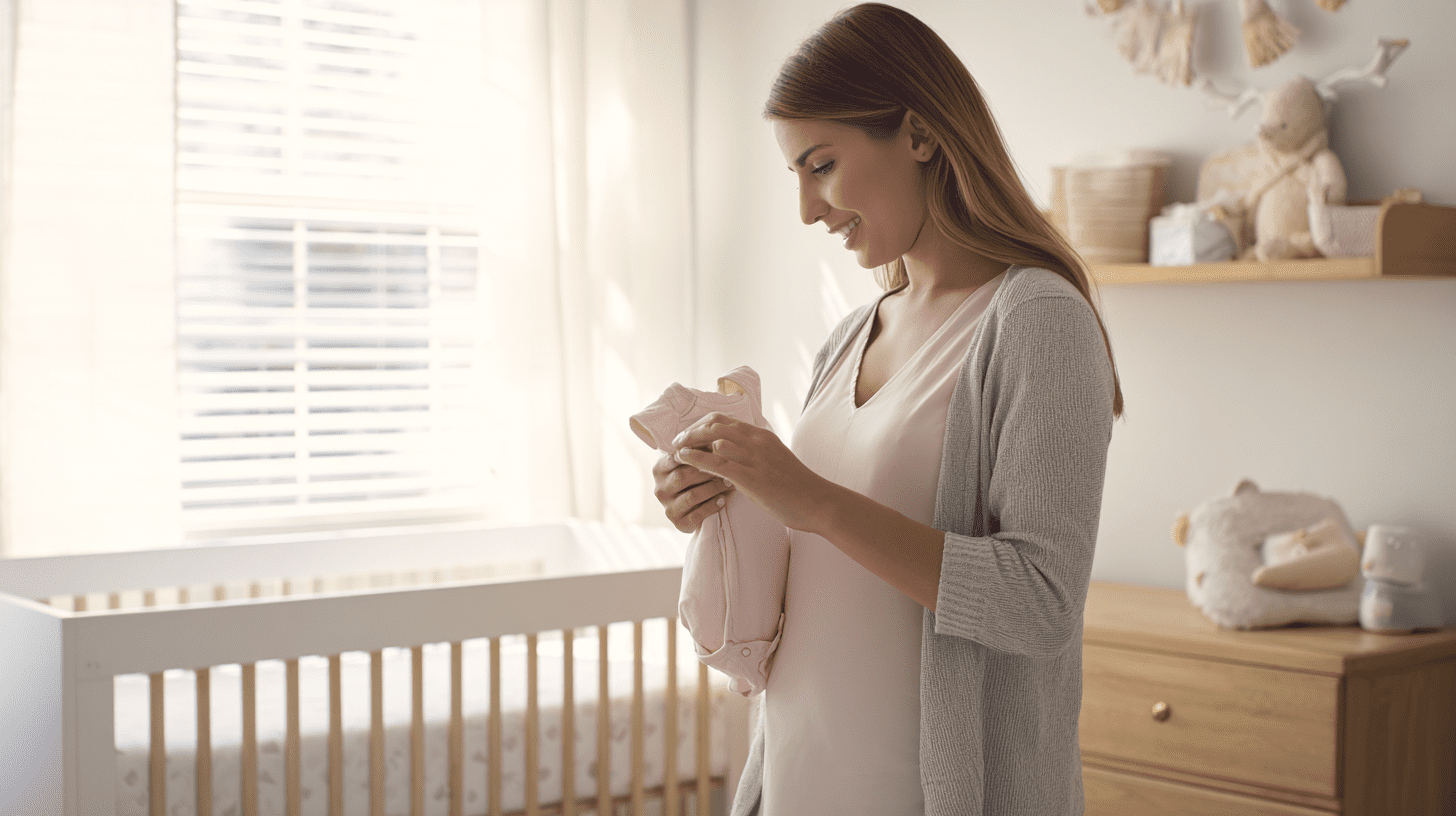 Wyprawka dla noworodka dziewczynka – mama przygotowuje ubranka w jasnym pokoju dziecięcym