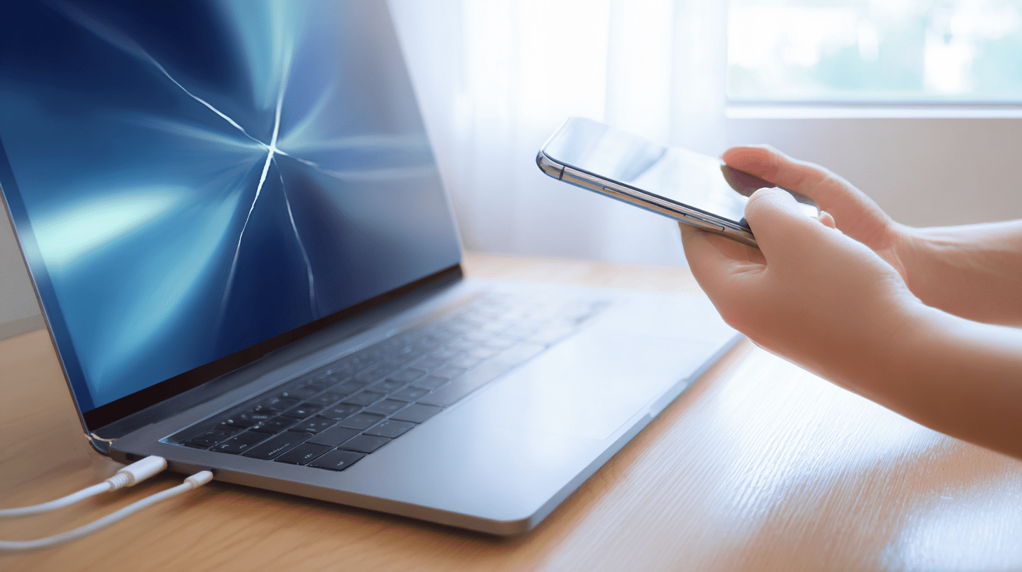 Smartfon z pękniętą szybką podłączony kablem USB do laptopa, symbolizujący wyświetlanie uszkodzonego ekranu telefonu na komputerze.