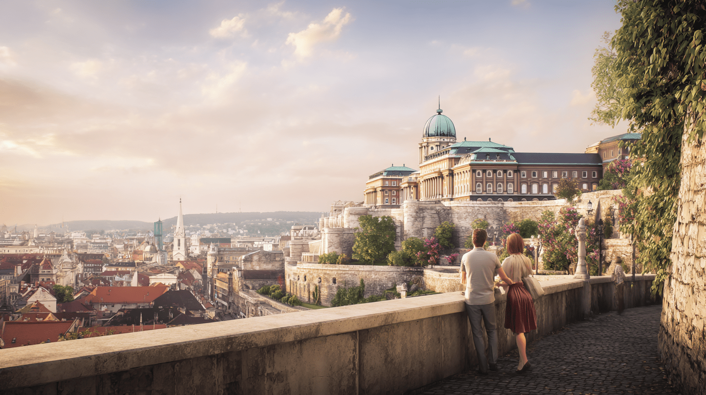 Para turystów na tarasie widokowym przy Zamku Królewskim w Budapeszcie, podziwiająca zabytkową architekturę i panoramę miasta w słoneczny dzień.