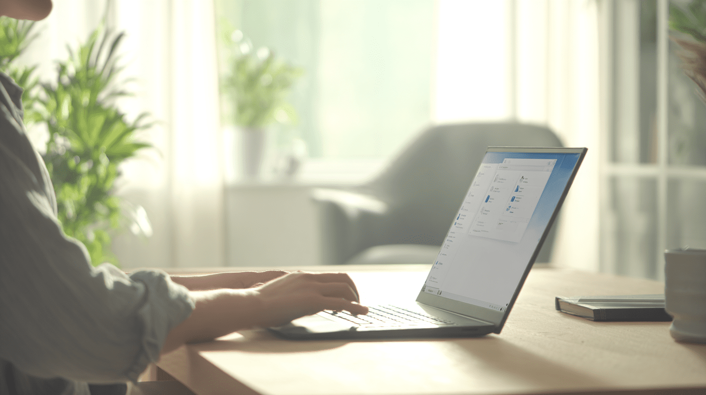 Osoba pracująca na laptopie w nowoczesnym biurze, wykorzystująca zdalny dostęp do komputera w bezpiecznej sieci.