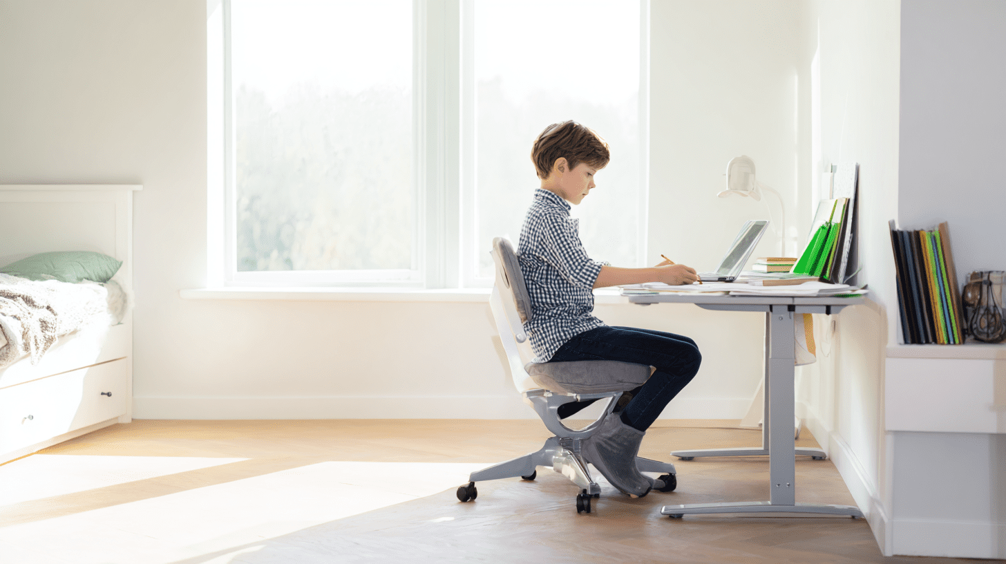 Uczeń odrabiający lekcje w prawidłowej pozycji, siedzący na ergonomicznym fotelu, co obrazuje zdrowe krzesło do biurka dla dziecka.