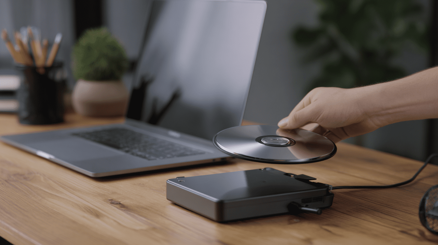 Zewnętrzny napęd CD DVD do laptopa podłączony kablem USB na biurku podczas wkładania płyty przez użytkownika.