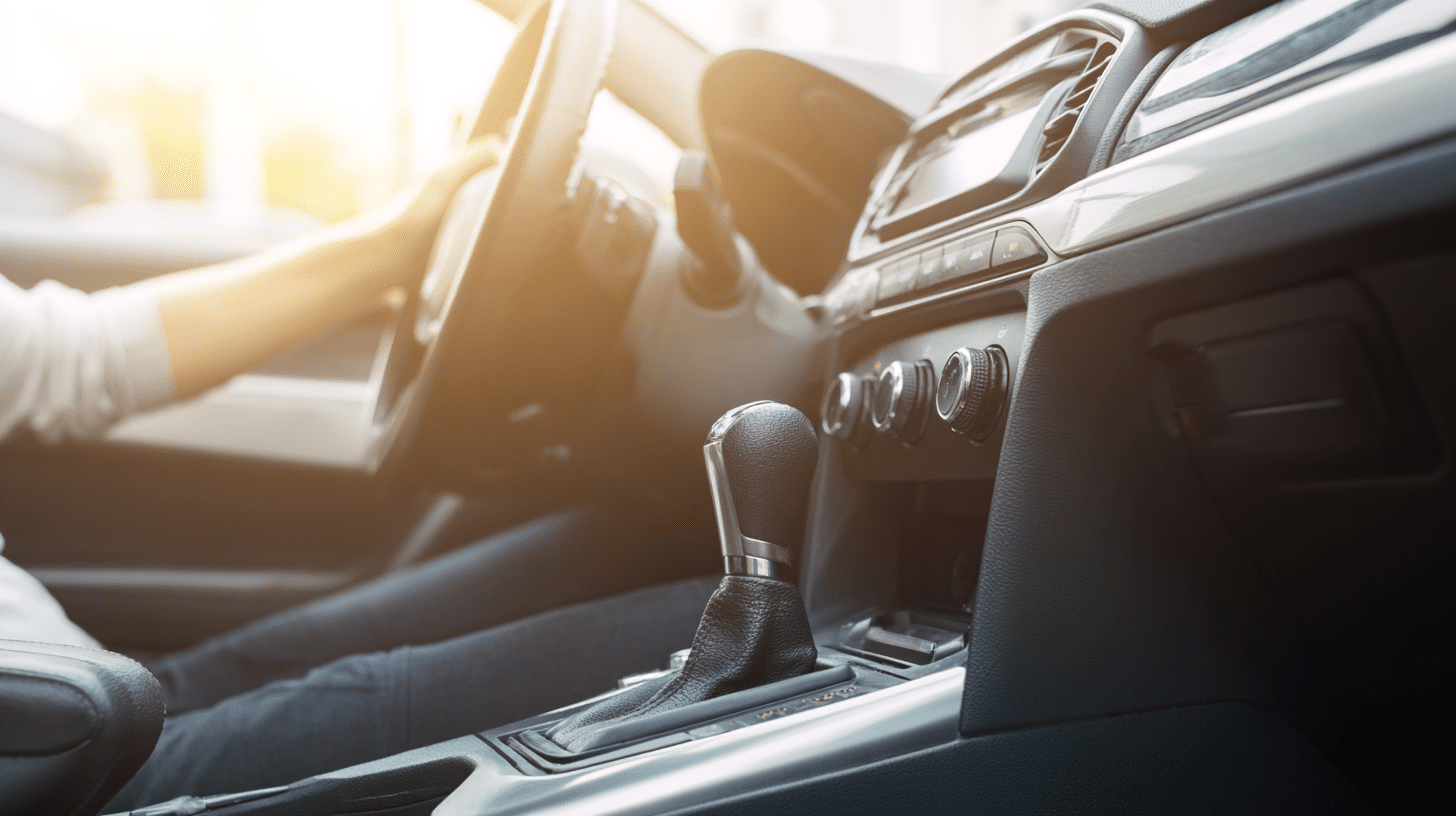 Wnętrze zadbanego samochodu używanego z widocznym drążkiem automatycznej skrzyni biegów podczas jazdy.