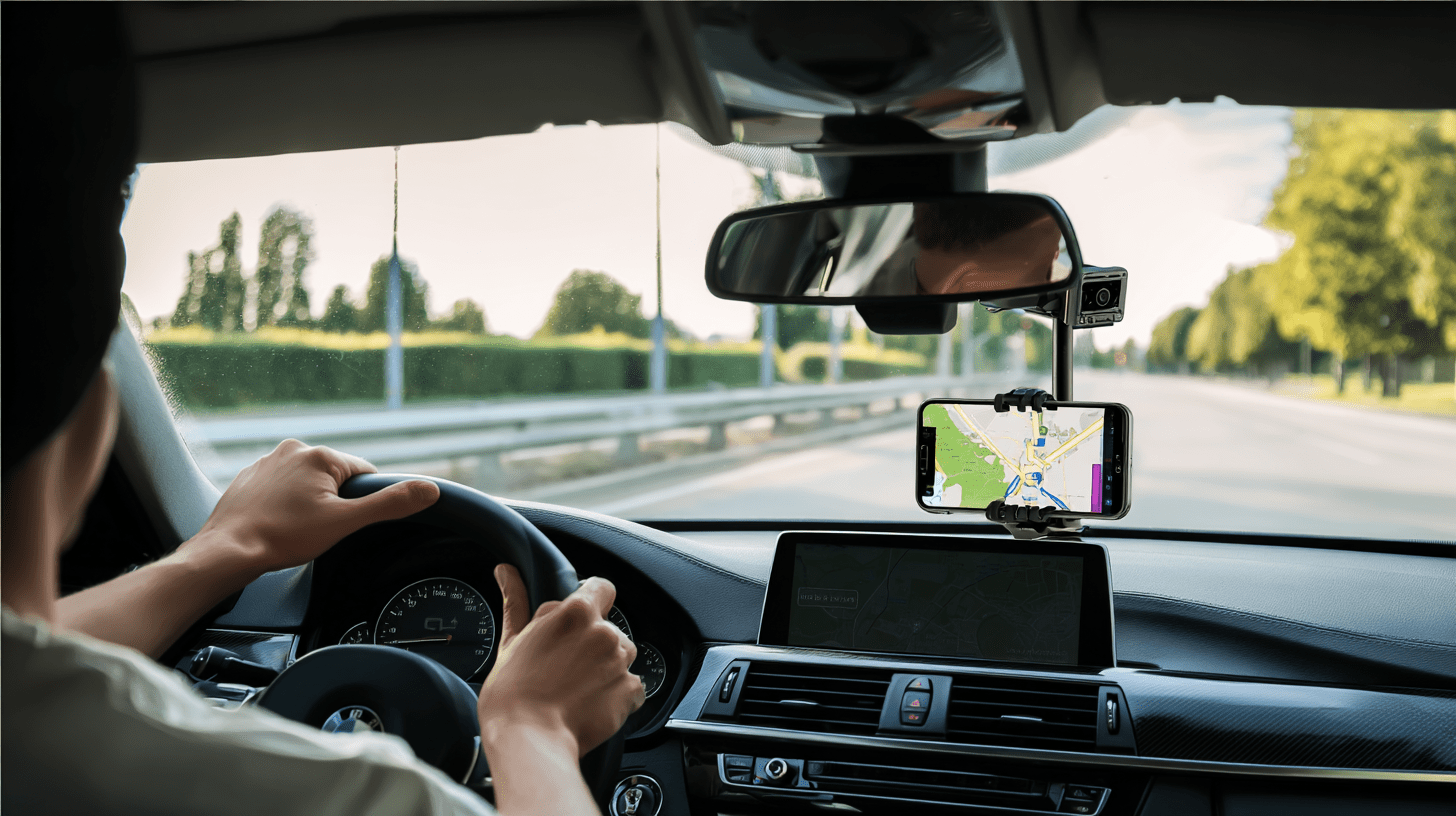 Wnętrze samochodu z zamontowanym uchwytem na telefon i wideorejestratorem prezentujące praktyczne bajery do samochodów.