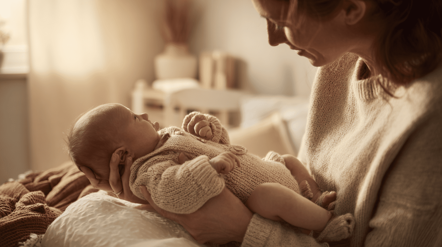 Mama trzymająca na rękach noworodka ubranego w ciepłe, wygodne ciuszki dla noworodka na zimę, zapewniające komfort termiczny.