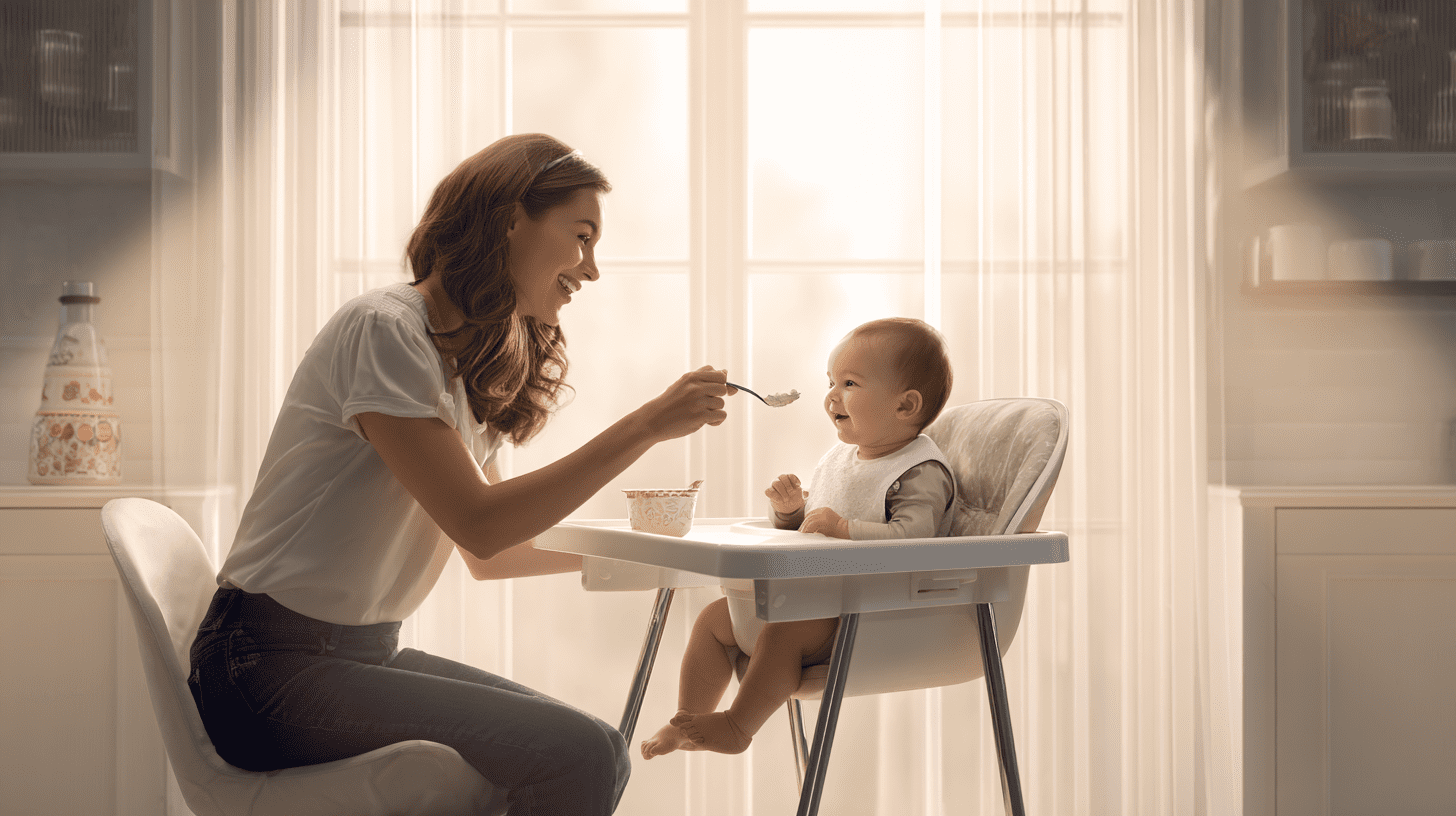 Uśmiechnięta mama karmi niemowlę w krzesełku domową kaszką, przygotowując zdrowe dania na mleku modyfikowanym.