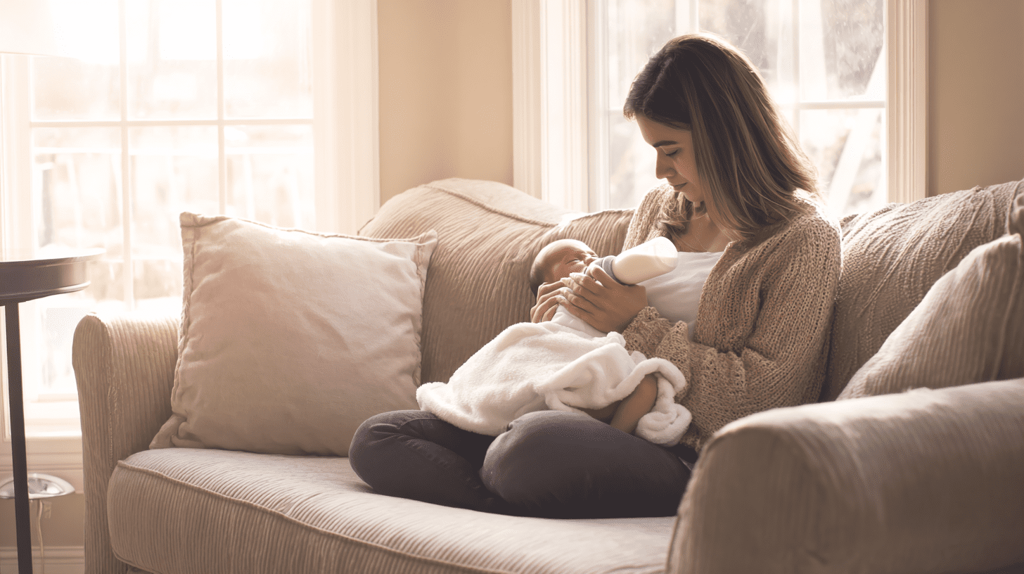 Spokojna mama karmi butelką niemowlę w domu, wybierając delikatne mleko modyfikowane dla wrażliwego brzuszka.
