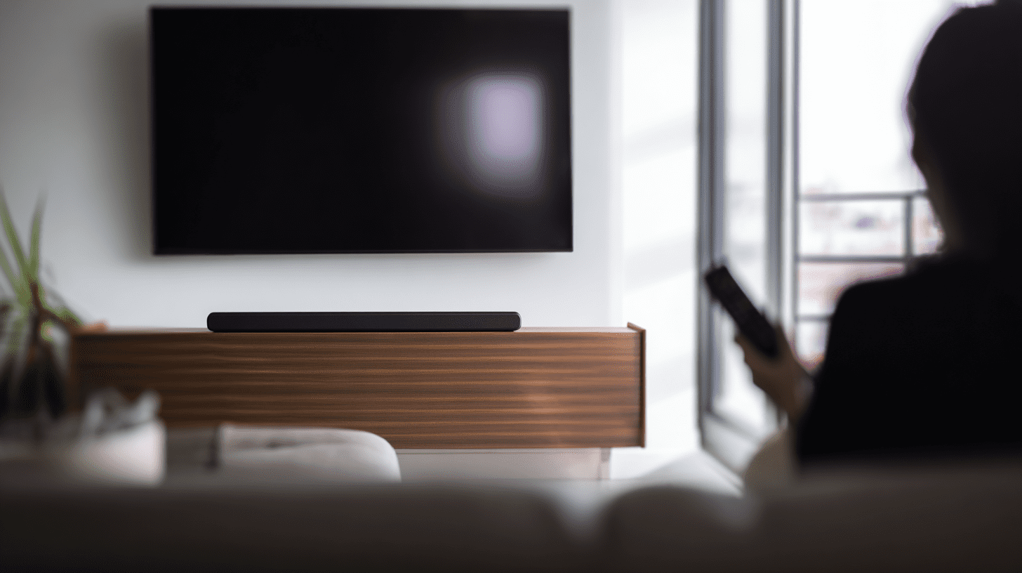 Nowoczesny telewizor z podłączonym soundbarem w jasnym salonie, obrazujący dodatkowe głośniki do TV.