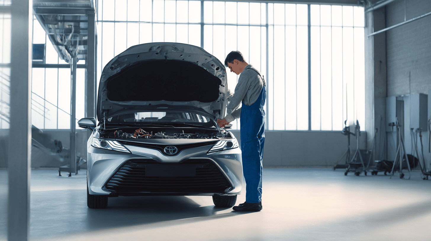 Mechanik sprawdzający stan techniczny skrzyni e-CVT i silnika w hybrydowej Toyocie w nowoczesnym warsztacie.
