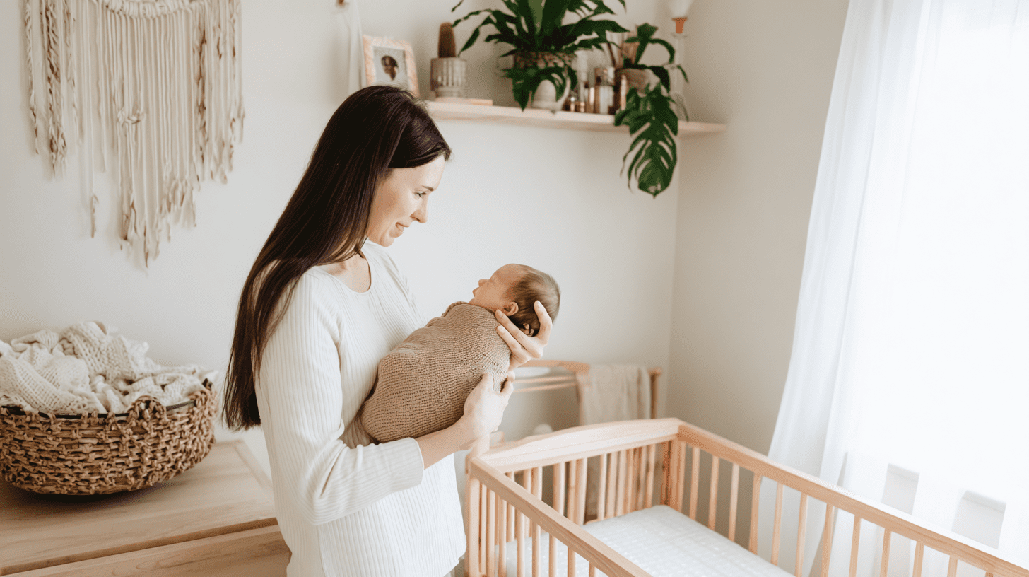 Mama trzymająca noworodka w otulaczu z bawełny organicznej w jasnym pokoju, ilustrująca temat eko wyprawki dla noworodka.