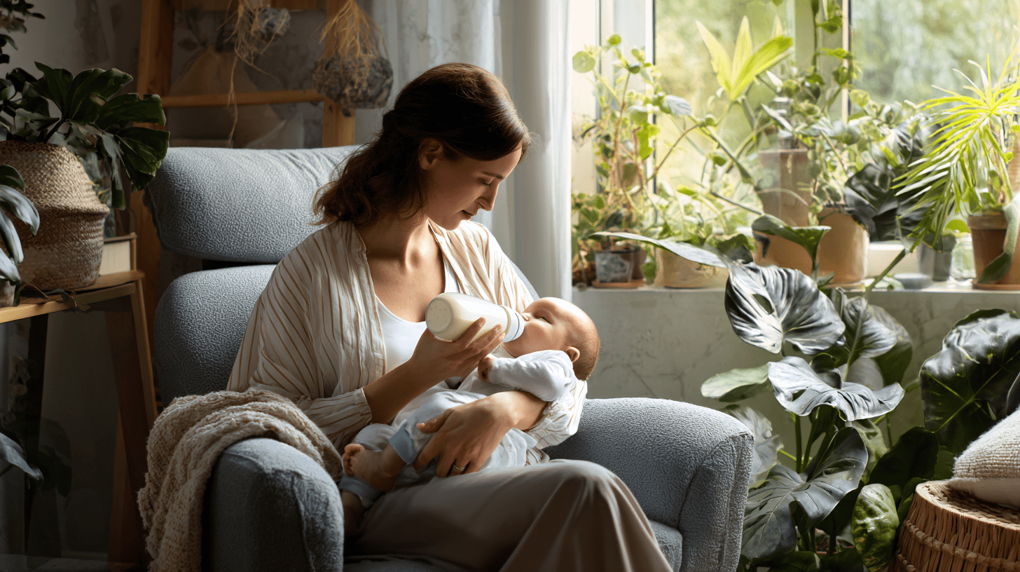 Mama karmiąca niemowlę ekologicznym mlekiem modyfikowanym z butelki w przytulnym, jasnym pokoju dziennym.