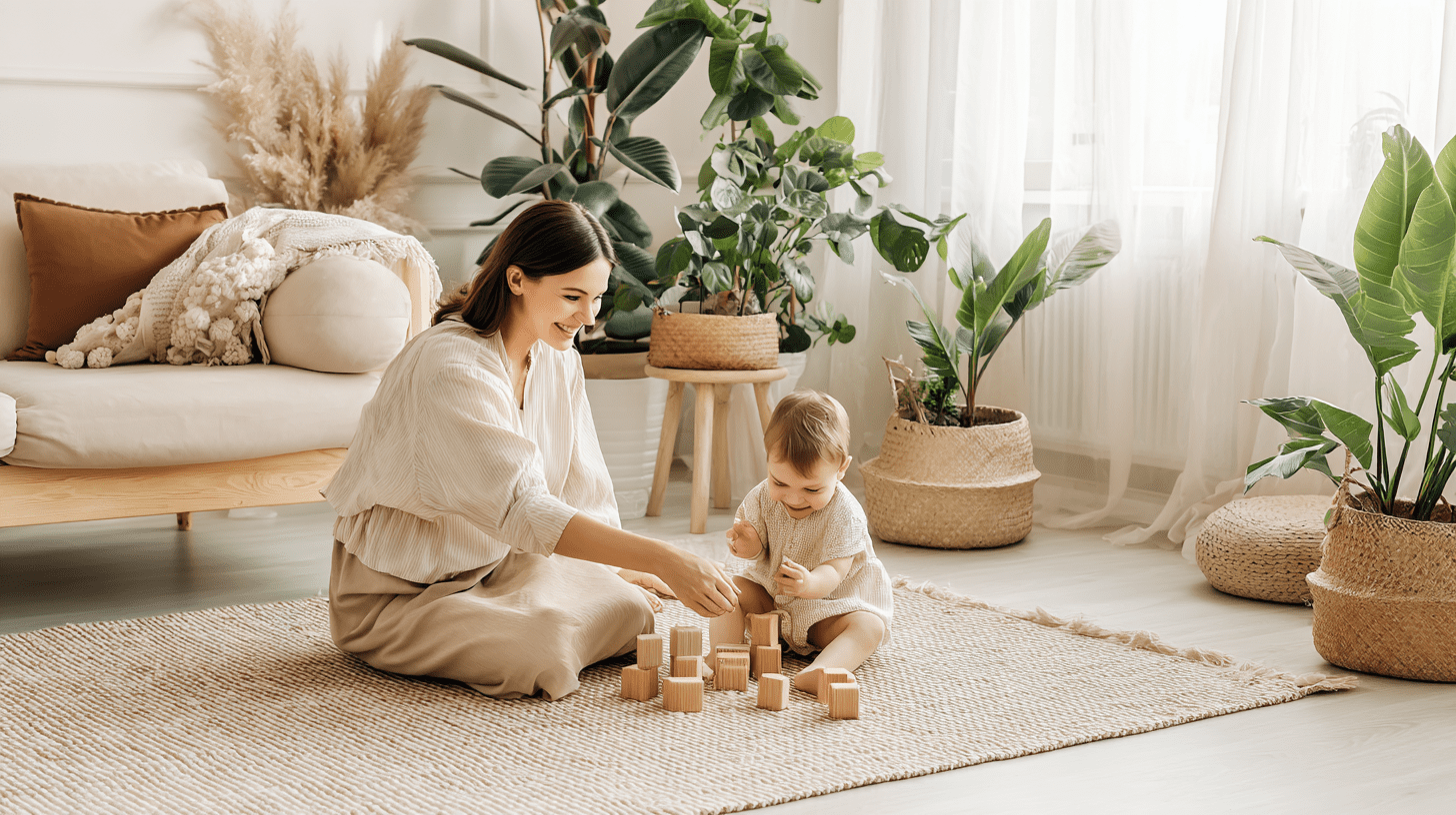 Mama bawiąca się z dzieckiem drewnianymi klockami w jasnym salonie pełnym roślin, ilustrująca ekologiczne rodzicielstwo w praktyce.