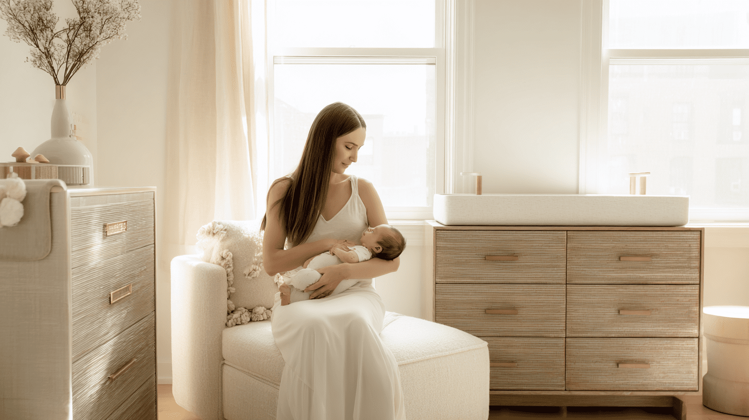 Młoda mama trzymająca w ramionach noworodka w jasnym, nowoczesnym pokoju dziecięcym, ilustrująca temat: ekskluzywna wyprawka dla noworodka.