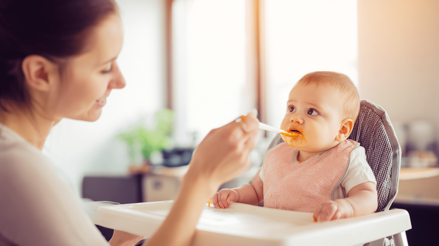 Mama karmiąca łyżeczką uśmiechnięte niemowlę w krzesełku do karmienia, ilustrująca etapy karmienia niemowląt i wprowadzanie pierwszych warzyw.