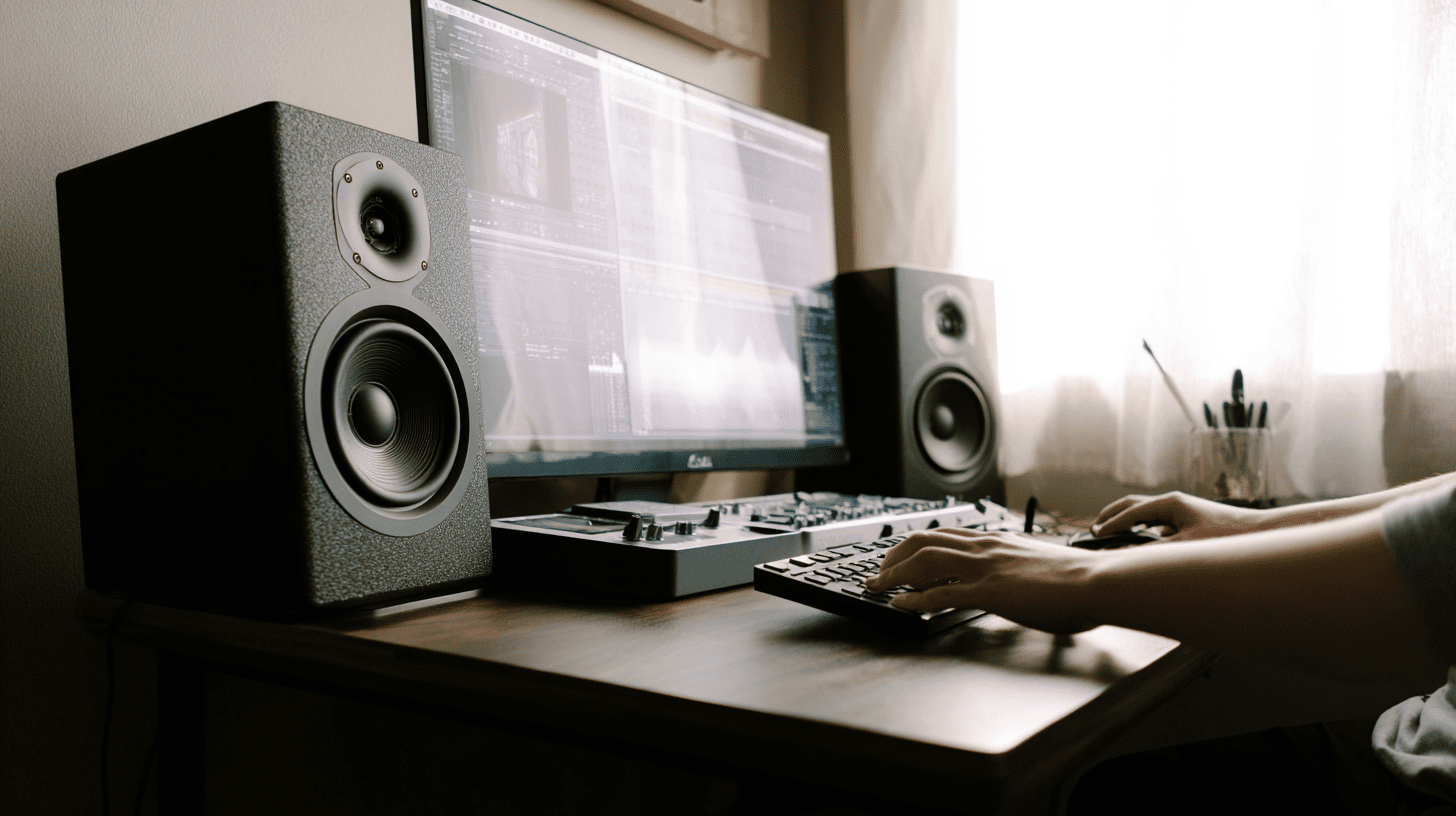 Nowoczesne biurko z monitorem i zestawem głośników stereo 2.0, ilustrujące ranking głośników do komputera.