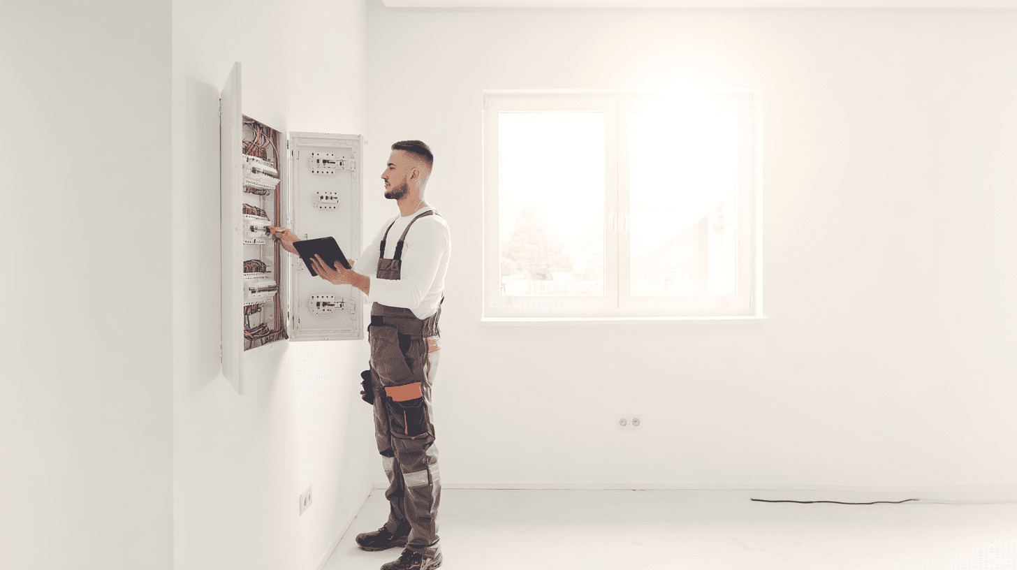 Elektryk sprawdzający nowoczesną instalację elektryczną w domu jednorodzinnym przy rozdzielnicy z bezpiecznikami.