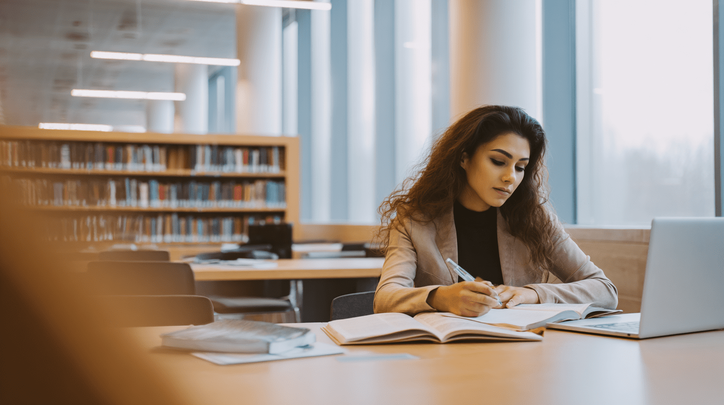 Studentka studiów podyplomowych z interwencji kryzysowej analizująca materiały naukowe w bibliotece.