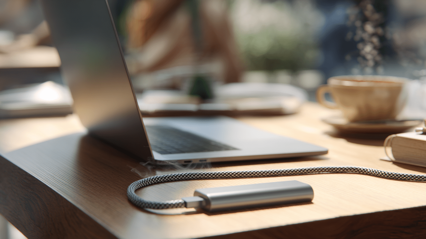 Nowoczesny laptop podłączony do powerbanku przez USB-C na drewnianym biurku, pokazujący jak naładować laptopa bez ładowarki.
