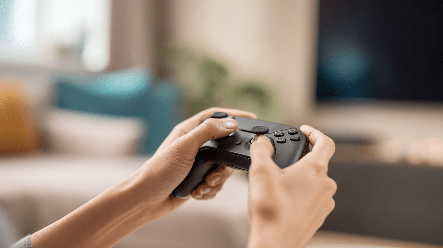 Osoba trzymająca w dłoniach bezprzewodowy kontroler do gier i naciskająca przycisk parowania w celu podłączenia pada do Xboxa.
