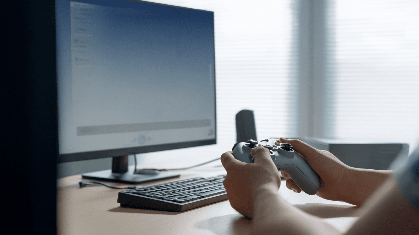 Użytkownik podłączający kontroler gier do komputera PC przy biurku, ilustrujący jak podłączyć pada Xbox 360 do PC.