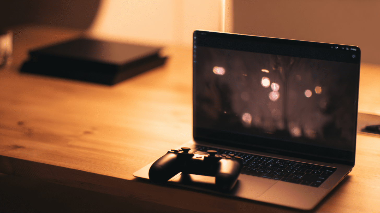 Laptop i kontroler do gier na biurku jako ilustracja poradnika jak podłączyć PS4 do laptopa przy użyciu Remote Play.