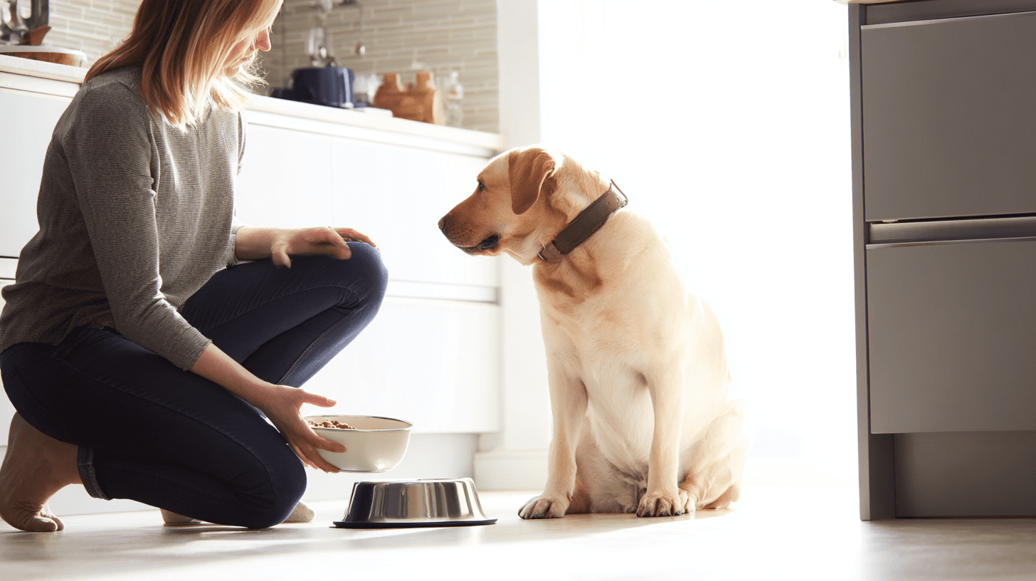 Biszkoptowy labrador czekający na posiłek w kuchni, podczas gdy opiekun nasypuje odpowiednią porcję karmy do miski.