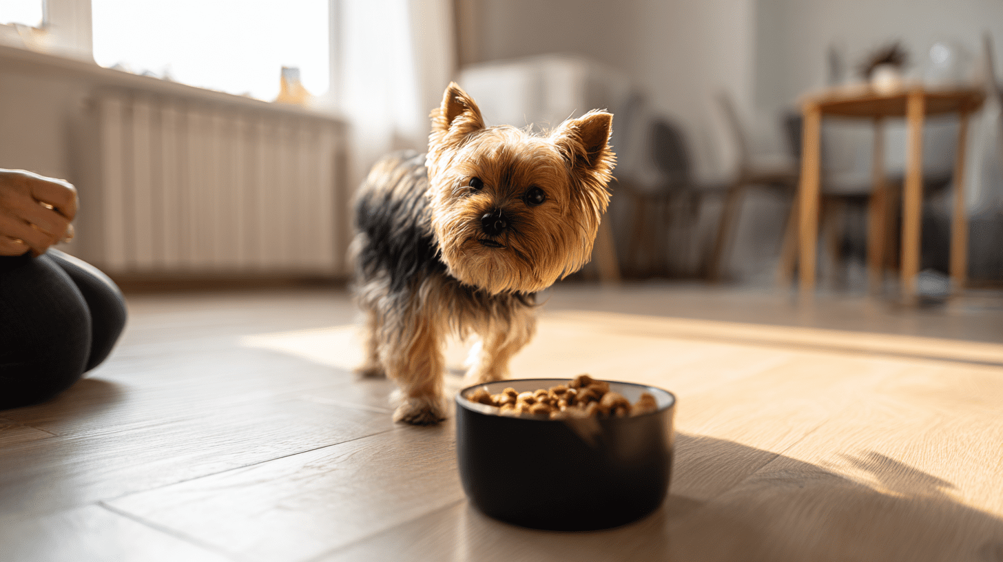 Opiekunka podająca miskę ze zdrowym jedzeniem psu rasy yorkshire terrier w jasnym domowym salonie, ilustrująca jaka karma dla yorka jest najlepsza.