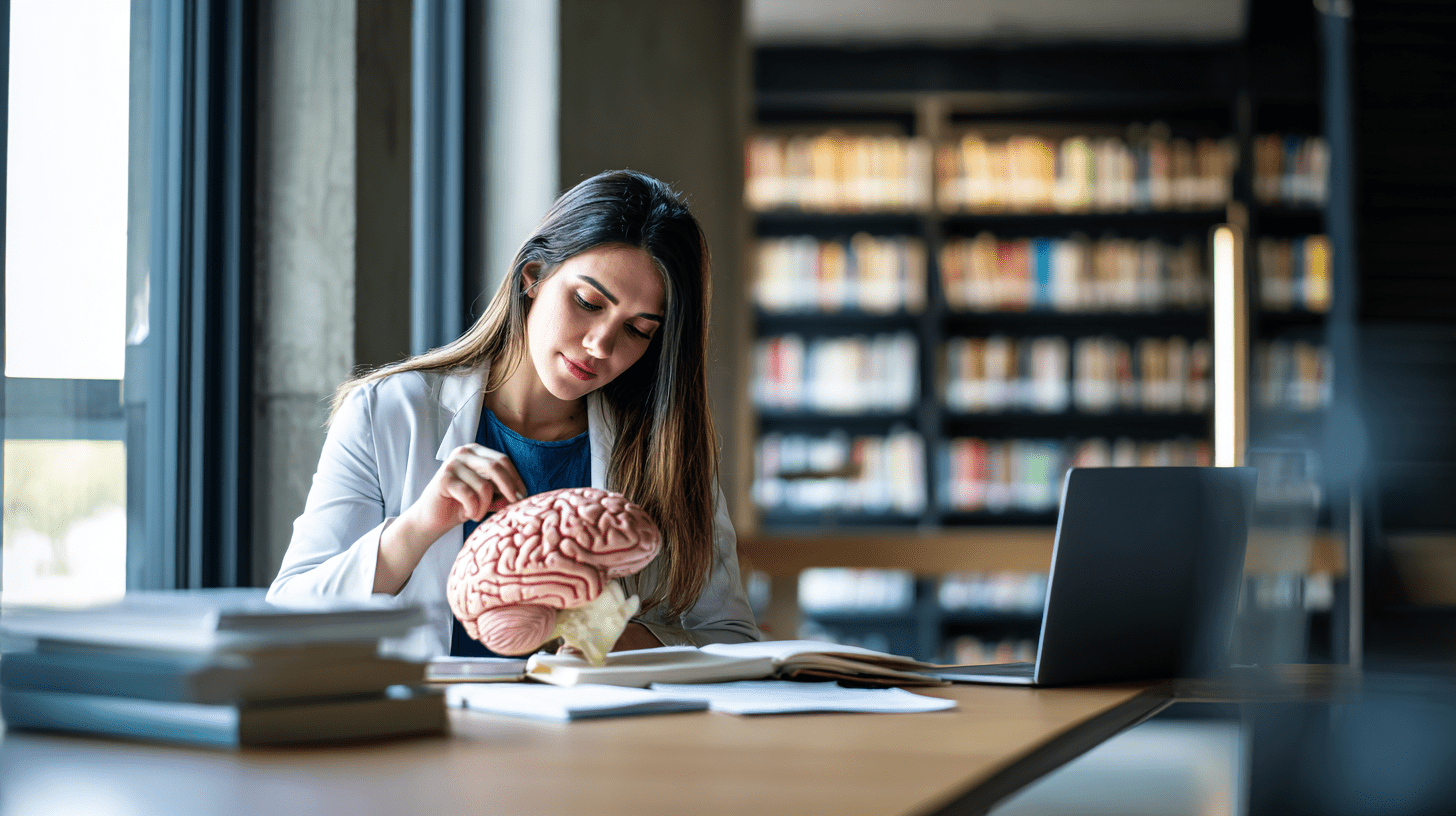 Studentka studiów podyplomowych z neuropsychologii analizuje model mózgu podczas nauki w bibliotece.