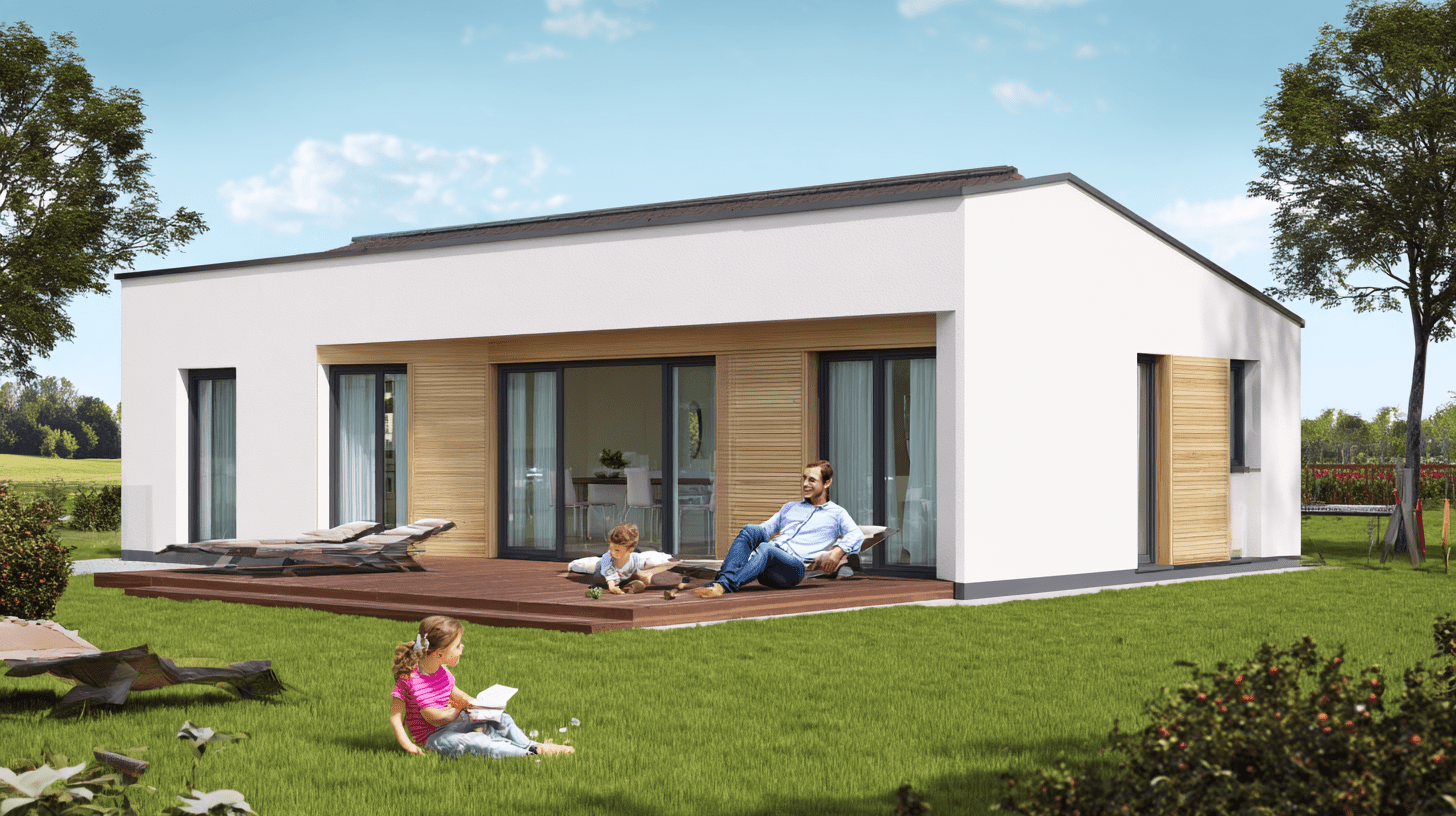 Nowoczesny dom parterowy do 120m2 z dużymi przeszkleniami i rodziną wypoczywającą na tarasie w ogrodzie.