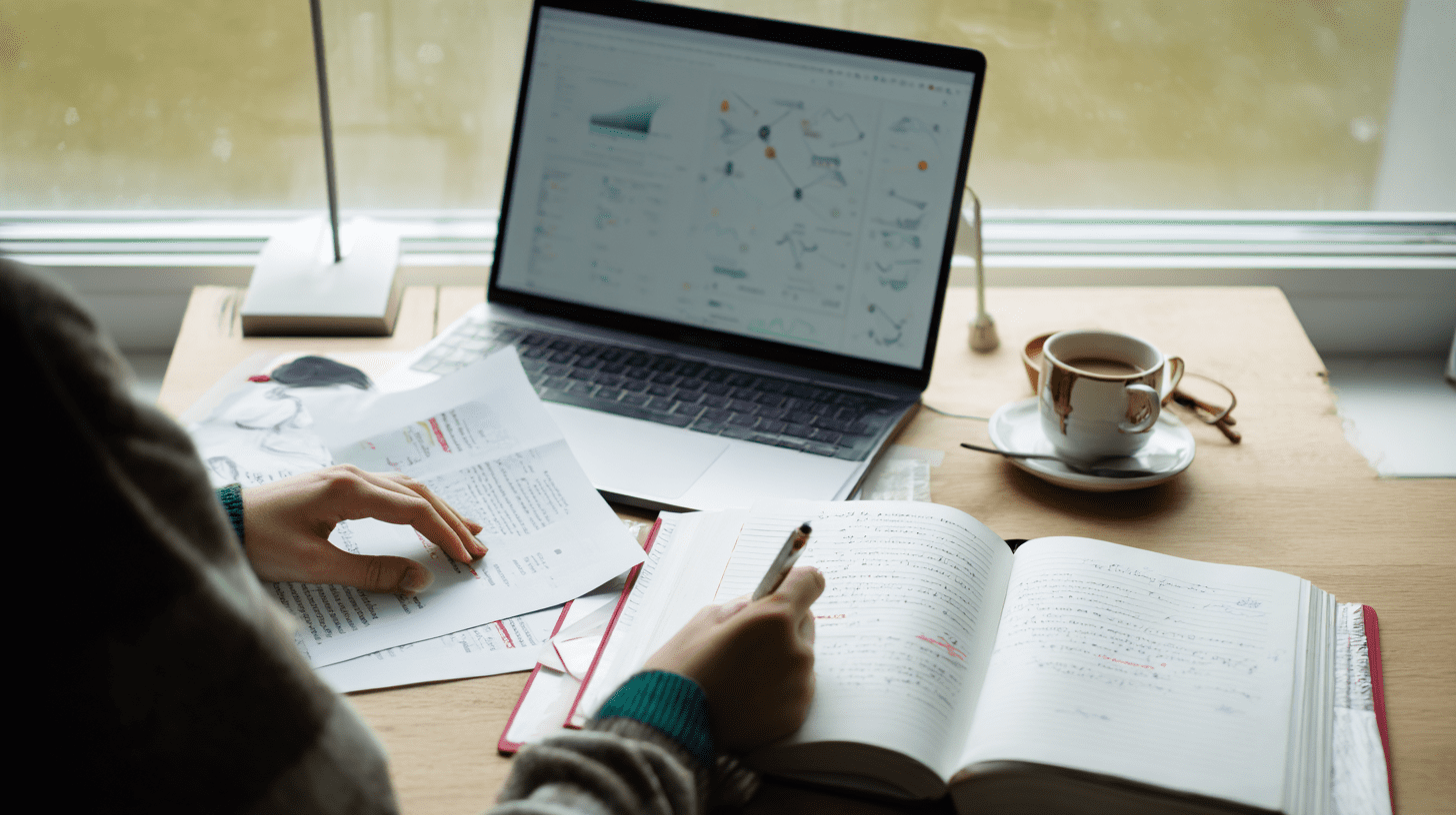 Student przygotowujący plan pracy licencjackiej z finansów przy biurku z laptopem i notatkami