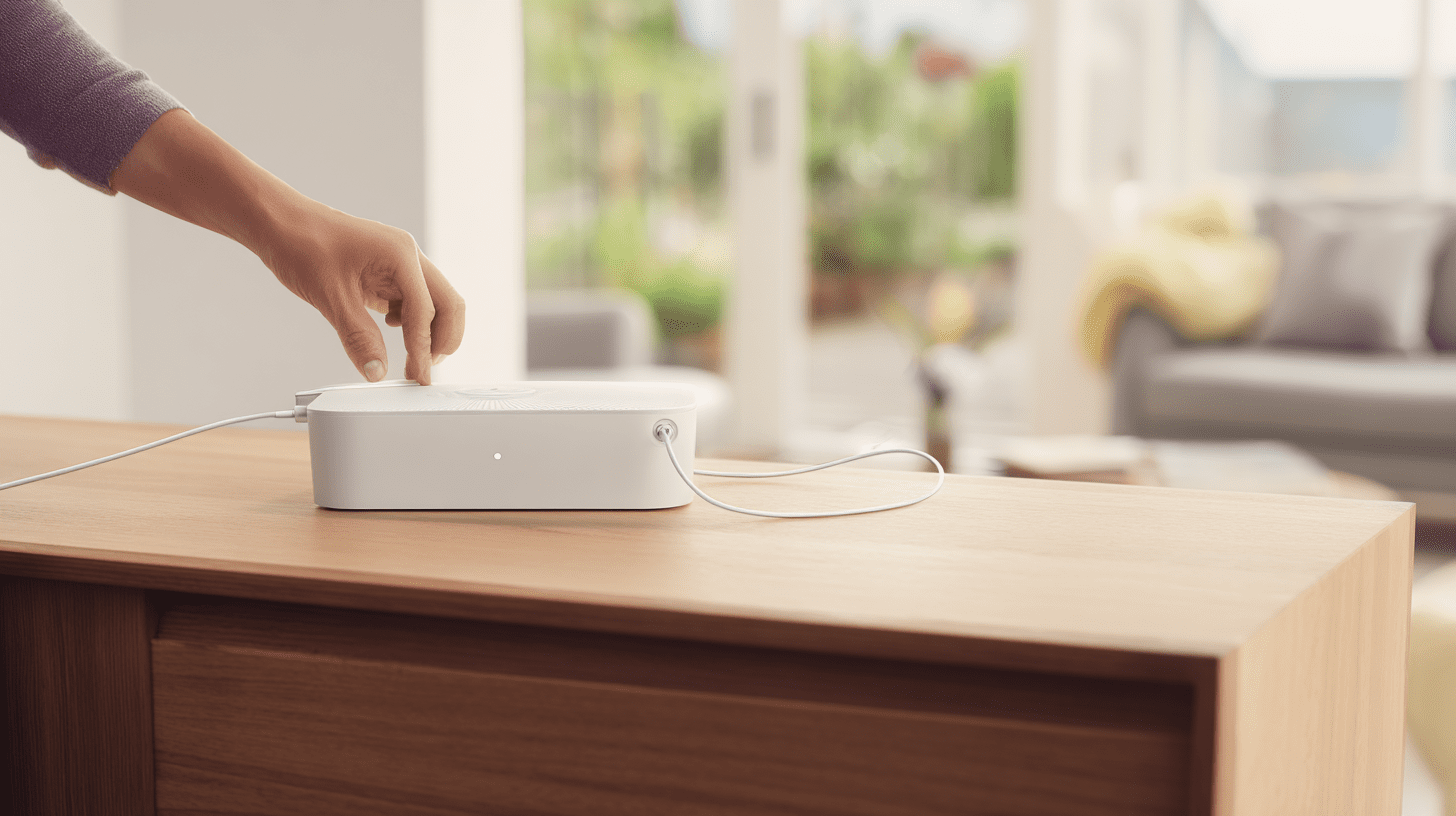 Nowoczesny biały router światłowodowy podłączony kablem w salonie domu jednorodzinnego.